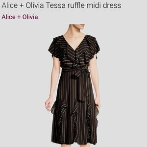 Alice + Olivia Black and Gold Striped Ruffle Midi Dress